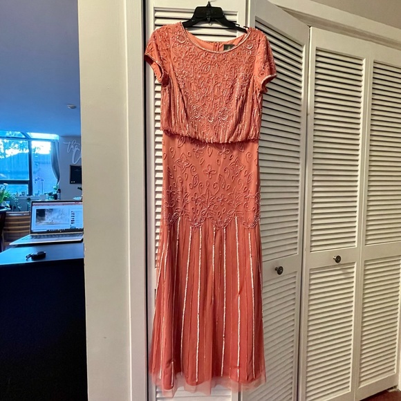 Adrianna Papell Beaded Short-Sleeve Sheer-Overlay sugar poppy Gown - Picture 2 of 5